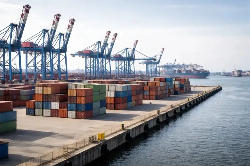 Containerterminal im Hamburger Hafen mit Kränen und gestapelten Containern, Blick auf Kaianlagen und Hafeninfrastruktur der HHLA