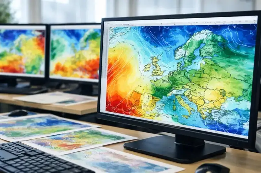 Verschneite Landschaft in Deutschland mit auflockernder Wolkendecke und hellem Himmel als Zeichen veränderter Winterwetterlage.