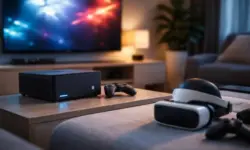 Modernes Wohnzimmer mit kompakter Gaming-Hardware, Controller und VR-Brille als Darstellung von PC-Gaming und Virtual Reality