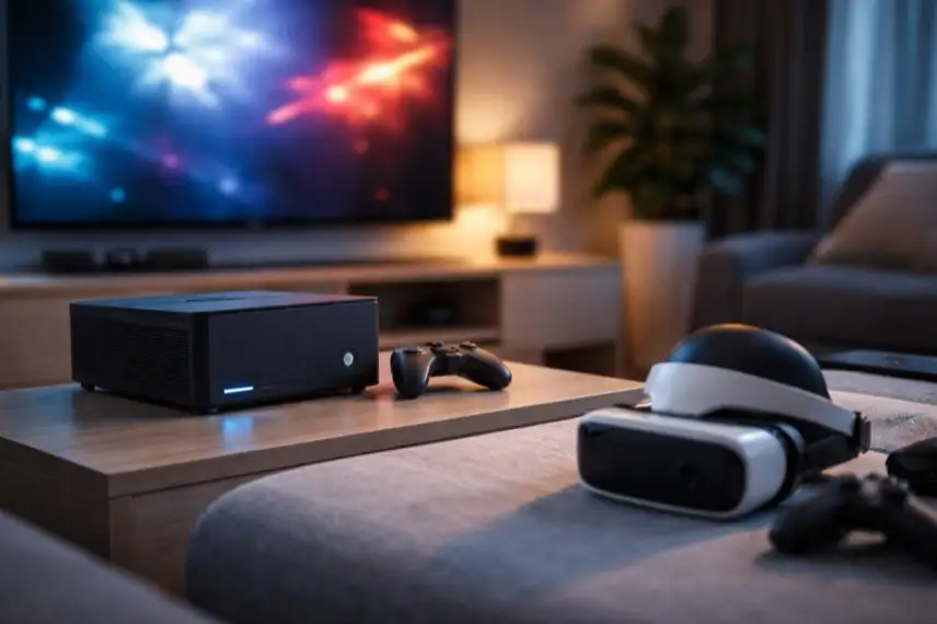 Modernes Wohnzimmer mit kompakter Gaming-Hardware, Controller und VR-Brille als Darstellung von PC-Gaming und Virtual Reality