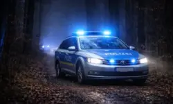 Leerer Hochsitz in einem winterlichen Wald bei Nacht, Bäume und schmaler Waldweg, gedämpftes Licht im Hintergrund.