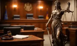 Justitia-Statue mit Waage und Schwert in einem leeren Gerichtssaal mit Richterbank und Holzmöbeln im Hintergrund.