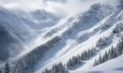 Schneebedeckte Berghänge oberhalb der Waldgrenze in den Alpen bei winterlichen Bedingungen und erhöhter Lawinengefahr.