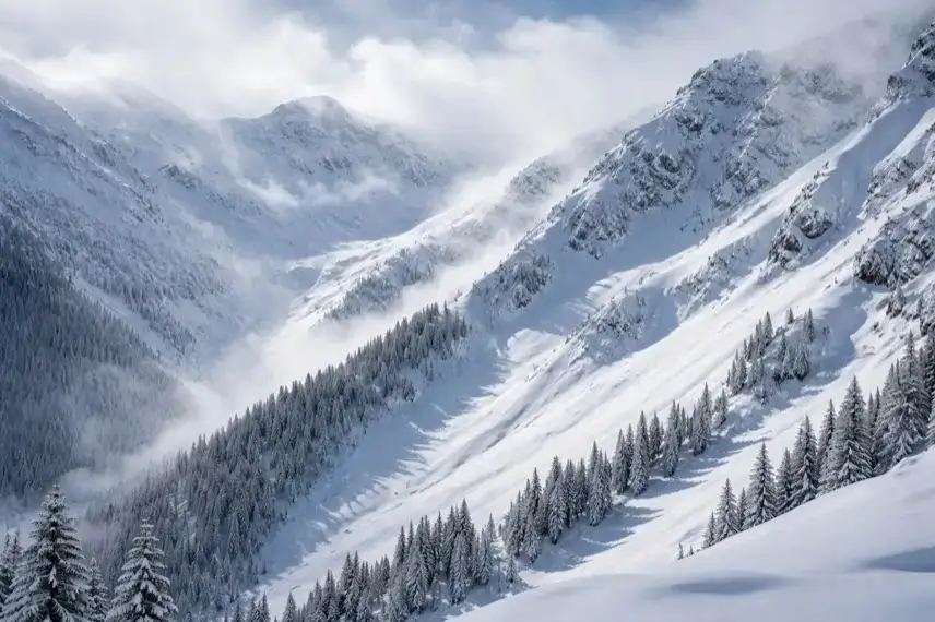 Schneebedeckte Berghänge oberhalb der Waldgrenze in den Alpen bei winterlichen Bedingungen und erhöhter Lawinengefahr.