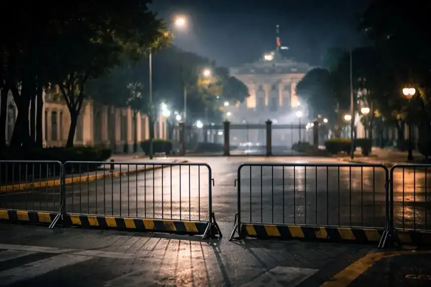 Absperrgitter vor einem Regierungsgebäude in Caracas bei Nacht, beleuchtete Straßen, leere Umgebung, politische Lage in Venezuela