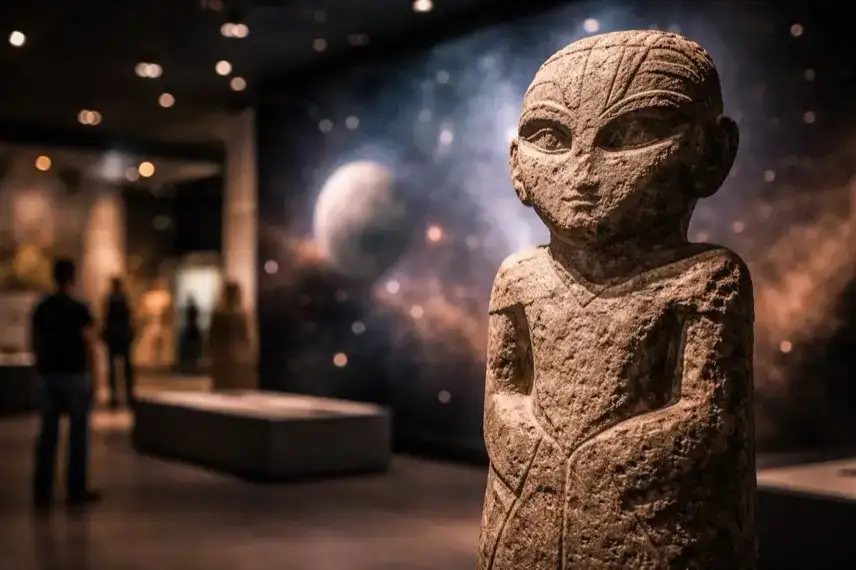 Steinerne Skulptur in einer Ausstellung, im Hintergrund ein dunkler Himmel mit Sternen und planetenähnlichen Lichtpunkten.