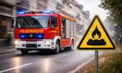 Fahrendes Feuerwehrfahrzeug mit Blaulicht in einer Stadtstraße, im Vordergrund ein gelbes Warnschild mit Gas- und Explosionssymbol