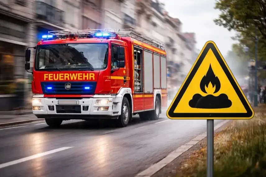 Fahrendes Feuerwehrfahrzeug mit Blaulicht in einer Stadtstraße, im Vordergrund ein gelbes Warnschild mit Gas- und Explosionssymbol