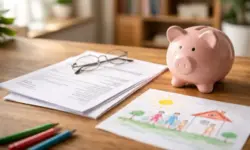 Rentenbescheid liegt auf einem Tisch neben einer Kinderzeichnung und einem Sparschwein als Symbol für Mütterrente und Altersrente