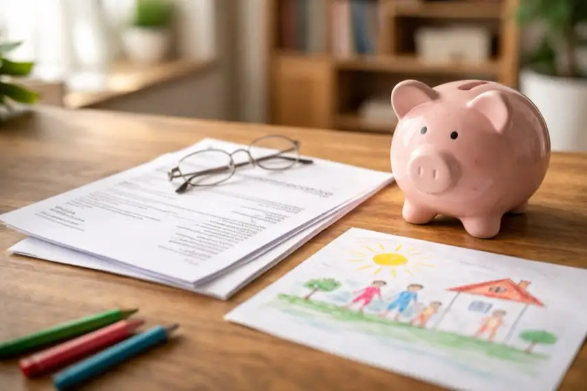 Rentenbescheid liegt auf einem Tisch neben einer Kinderzeichnung und einem Sparschwein als Symbol für Mütterrente und Altersrente