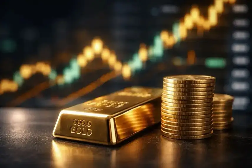 Goldbarren auf dunkler Oberfläche mit unscharfem, abstrahiertem Börsenhintergrund, symbolisch für Goldpreis und Finanzmärkte