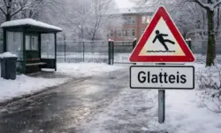 Verschneiter Schulhof mit vereisten Wegen und geschlossenem Schultor bei winterlicher Wetterlage in Deutschland