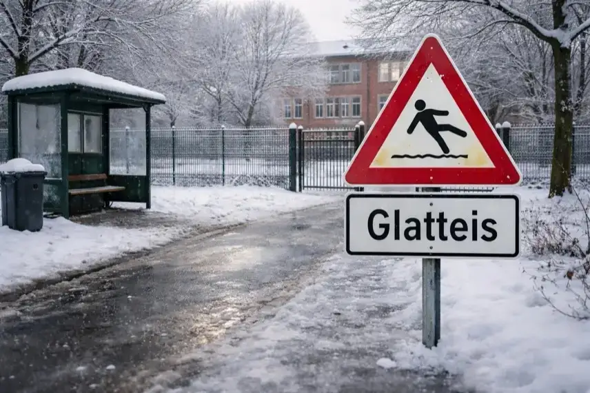 Verschneiter Schulhof mit vereisten Wegen und geschlossenem Schultor bei winterlicher Wetterlage in Deutschland