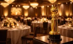 Festlich beleuchteter Ballsaal mit goldener Trophäe auf einem Podest als Symbol für die Golden Globes 2026 Preisverleihung