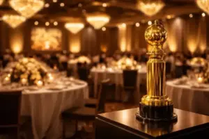 Festlich beleuchteter Ballsaal mit goldener Trophäe auf einem Podest als Symbol für die Golden Globes 2026 Preisverleihung