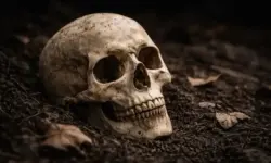 Heller menschlicher Totenkopf liegt auf dunklem Untergrund, freigestellt vor schwarzem Hintergrund, starkes Licht betont die Knochenstruktur.