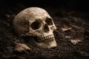 Heller menschlicher Totenkopf liegt auf dunklem Untergrund, freigestellt vor schwarzem Hintergrund, starkes Licht betont die Knochenstruktur.