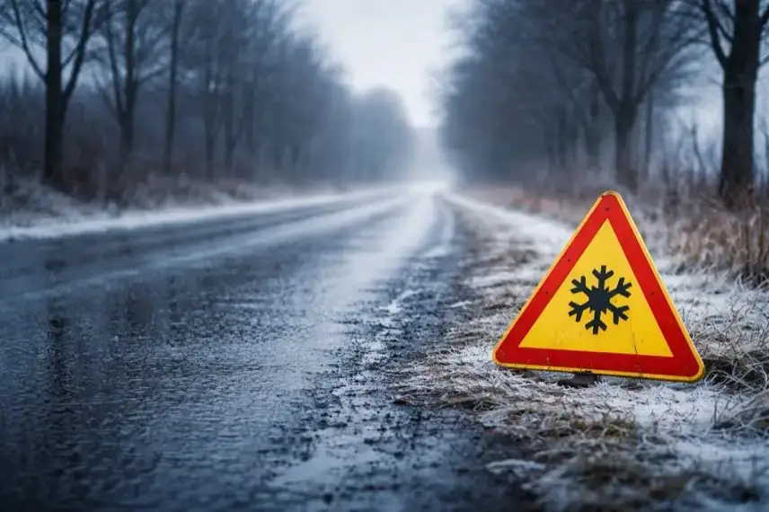 Vereiste Landstraße in Brandenburg bei winterlichem Wetter, glatte Fahrbahn mit Eisschicht und kahlen Bäumen am Straßenrand.