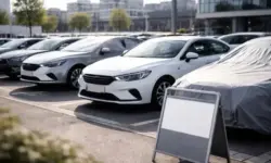 Neuwagen ohne Markenkennzeichnung auf einem Ausstellungsplatz, mehrere Fahrzeuge nebeneinander vor urbanem Hintergrund, symbolisch für Preiskampf am Automarkt