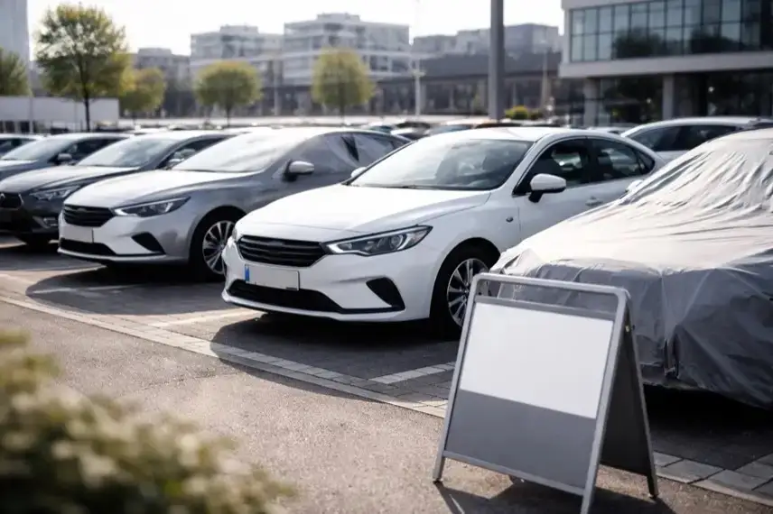 Neuwagen ohne Markenkennzeichnung auf einem Ausstellungsplatz, mehrere Fahrzeuge nebeneinander vor urbanem Hintergrund, symbolisch für Preiskampf am Automarkt