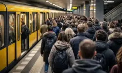 Überfüllter U-Bahn-Bahnsteig in Berlin mit wartenden Fahrgästen und einfahrendem Zug bei eingeschränktem Betrieb am Nollendorfplatz.