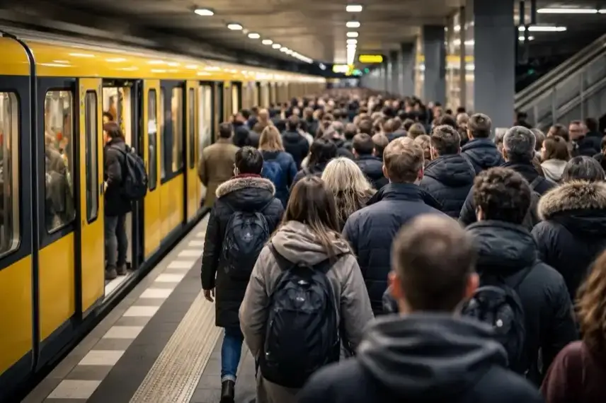Überfüllter U-Bahn-Bahnsteig in Berlin mit wartenden Fahrgästen und einfahrendem Zug bei eingeschränktem Betrieb am Nollendorfplatz.