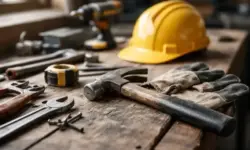 Werkzeuge, Schutzhelm und Arbeitshandschuhe auf einer Werkbank in einer Werkstatt, Sinnbild für Handwerk und Altersvorsorge