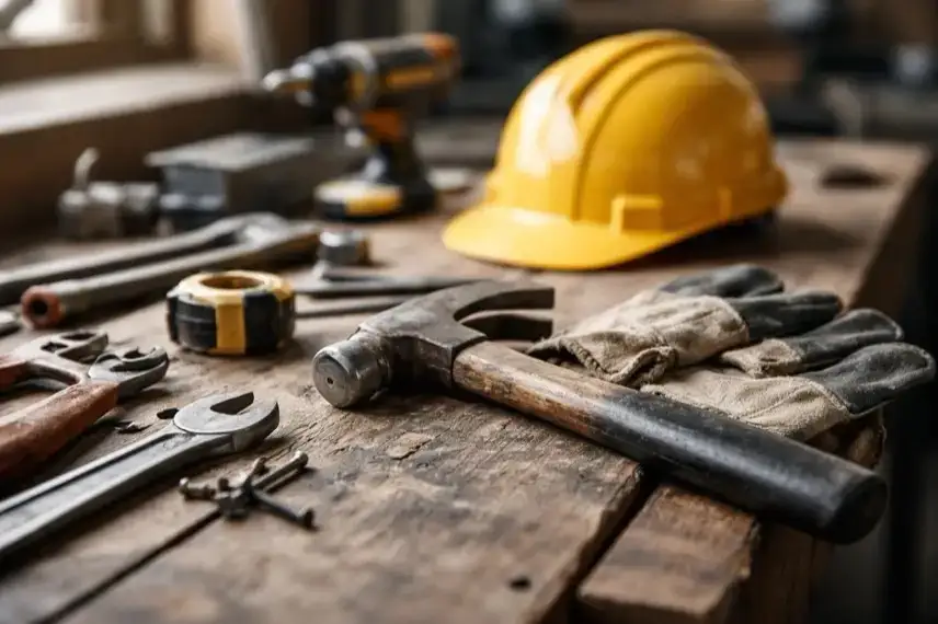 Werkzeuge, Schutzhelm und Arbeitshandschuhe auf einer Werkbank in einer Werkstatt, Sinnbild für Handwerk und Altersvorsorge