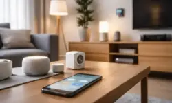Wohnraum mit vernetzten Smart-Home-Geräten und einem Smartphone zur Steuerung von Licht und Sensoren im häuslichen Umfeld