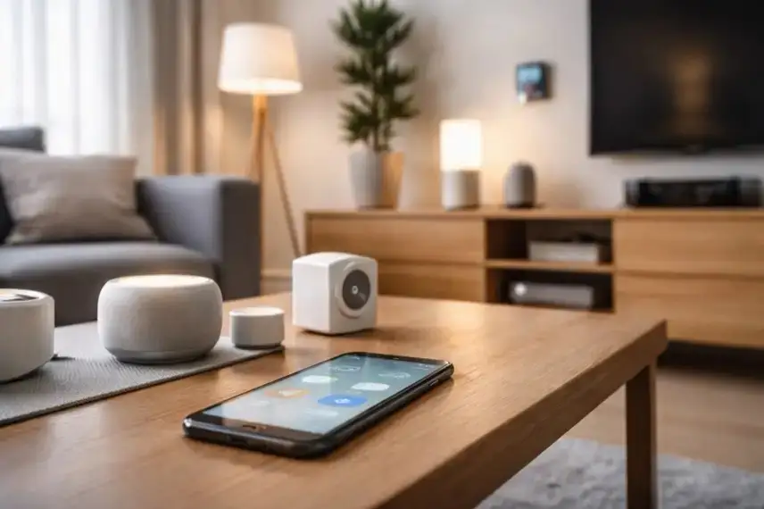 Wohnraum mit vernetzten Smart-Home-Geräten und einem Smartphone zur Steuerung von Licht und Sensoren im häuslichen Umfeld