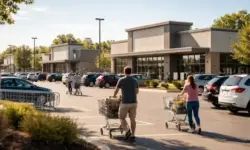 Moderne Supermarktgebäude in einer US-Vorstadt mit Parkplätzen und Einkaufswagen, symbolisch für Filialwachstum im Lebensmittelhandel.