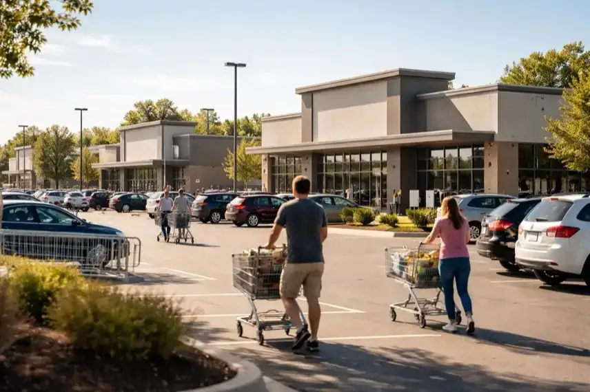 Moderne Supermarktgebäude in einer US-Vorstadt mit Parkplätzen und Einkaufswagen, symbolisch für Filialwachstum im Lebensmittelhandel.