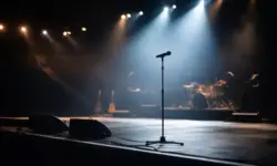 Leere Konzertbühne mit gedimmtem Licht und einem einzelnen Mikrofonständer im Vordergrund, Zuschauerraum im Dunkeln.