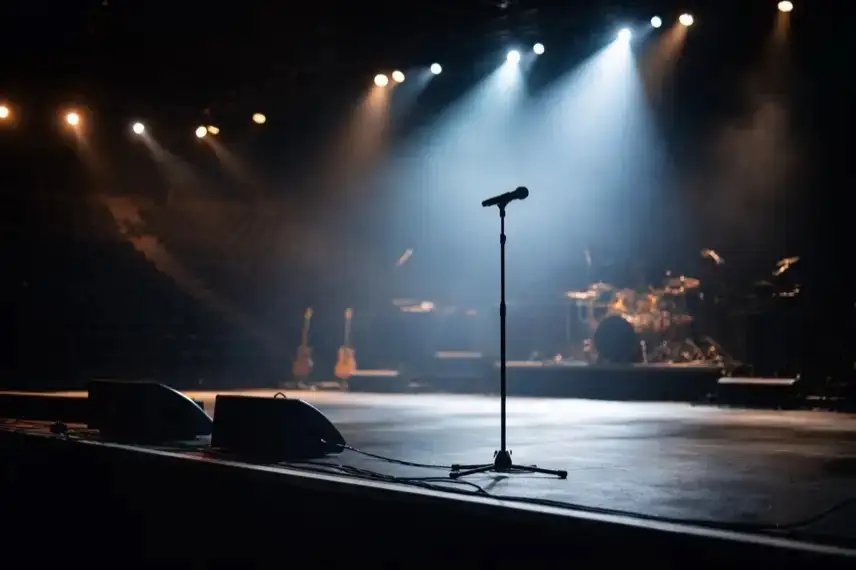 Leere Konzertbühne mit gedimmtem Licht und einem einzelnen Mikrofonständer im Vordergrund, Zuschauerraum im Dunkeln.