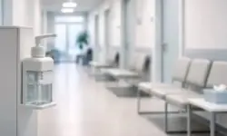 Leerer Wartebereich in einer Arztpraxis mit Stühlen und Desinfektionsspender während der Influenza-Grippewelle in Deutschland