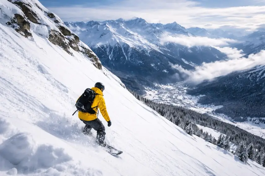 Steiler verschneiter Berghang mit Snowboarder in den Schweizer Alpen oberhalb eines Wintersportorts bei winterlichen Bedingungen