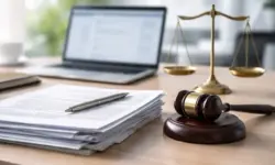 Dokumente und rechtliche Symbole auf einem Tisch, unscharfer Laptop im Hintergrund, Sinnbild für Sammelklage und Preiserhöhung bei Abonnements.