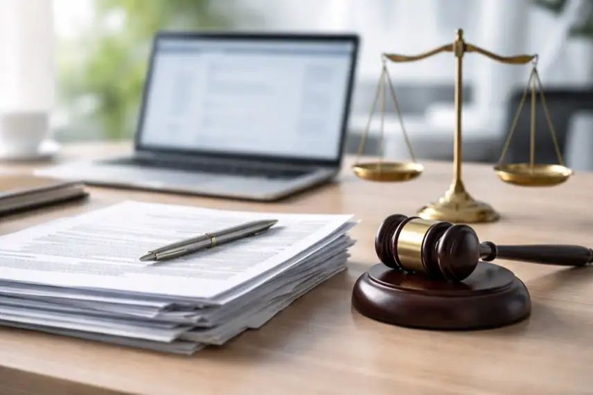 Dokumente und rechtliche Symbole auf einem Tisch, unscharfer Laptop im Hintergrund, Sinnbild für Sammelklage und Preiserhöhung bei Abonnements.