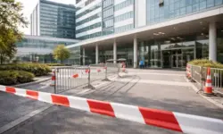 Außenansicht eines Universitätsklinikums mit abgesperrtem Eingang bei eingeschränktem Betrieb während Warnstreiks im öffentlichen Dienst