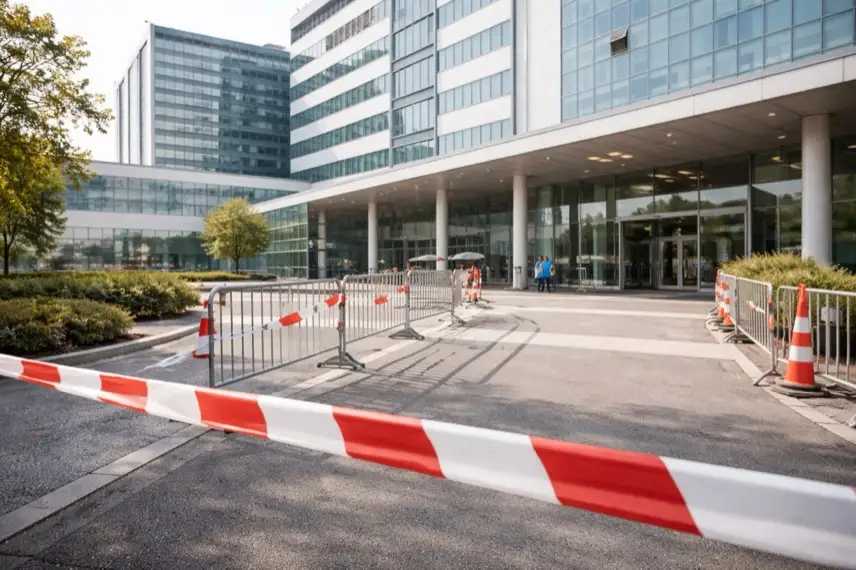 Außenansicht eines Universitätsklinikums mit abgesperrtem Eingang bei eingeschränktem Betrieb während Warnstreiks im öffentlichen Dienst