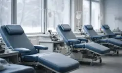 Leere Spenderliegen und medizinische Ausstattung in einem Blutspendezentrum während des Winters bei knappen Blutreserven.