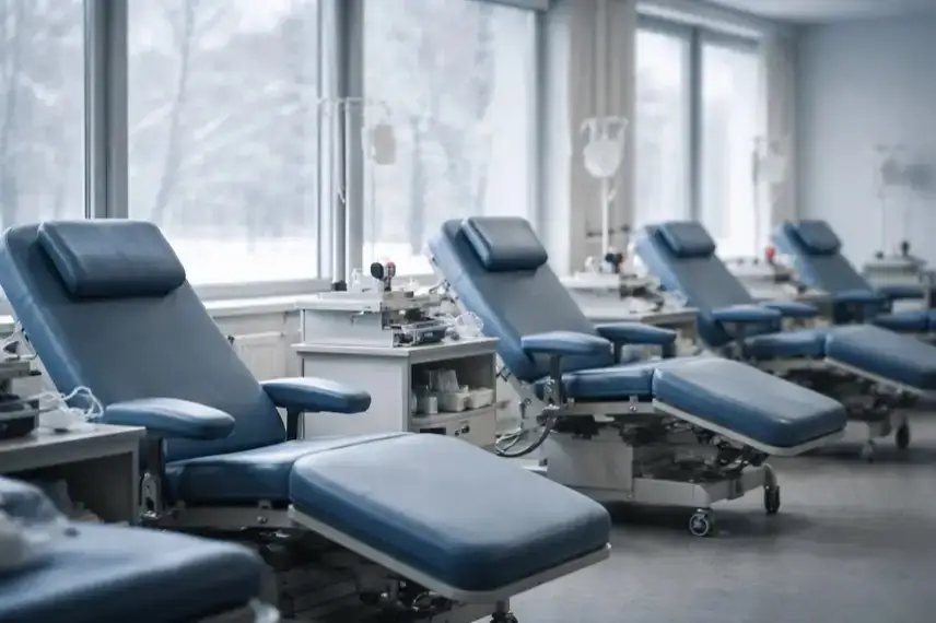 Leere Spenderliegen und medizinische Ausstattung in einem Blutspendezentrum während des Winters bei knappen Blutreserven.