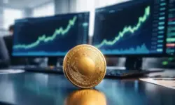 Digitale Münze vor anonymen Börsenmonitoren mit steigenden Kursverläufen im Hintergrund, modernes Finanzumfeld mit Fokus auf Kryptowährungen