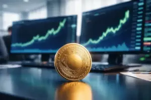 Digitale Münze vor anonymen Börsenmonitoren mit steigenden Kursverläufen im Hintergrund, modernes Finanzumfeld mit Fokus auf Kryptowährungen