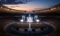 Beleuchtetes Stadion in Berlin bei Abenddämmerung mit aufgebauter Bühne und Lichtstrahlen, Symbol für Konzert und Ticketverkauf