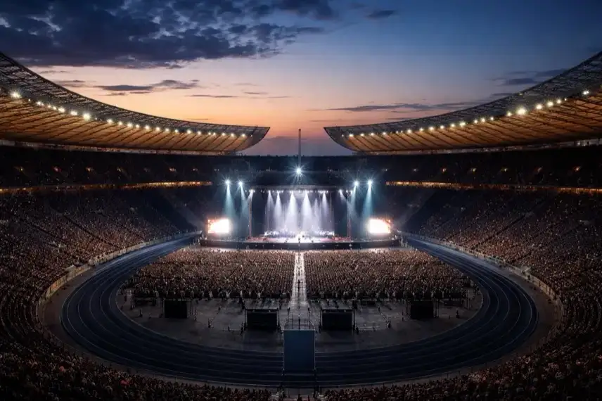 Beleuchtetes Stadion in Berlin bei Abenddämmerung mit aufgebauter Bühne und Lichtstrahlen, Symbol für Konzert und Ticketverkauf