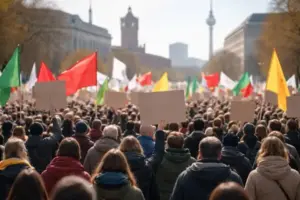 Menschenmenge bei einer Demonstration im Berliner Stadtzentrum vor öffentlichen Gebäuden im Zusammenhang mit Warnstreik im öffentlichen Dienst