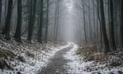 Winterliches Waldstück in der Steiermark mit kahlen Bäumen und schmalem Weg, aufgenommen bei diffusem Tageslicht