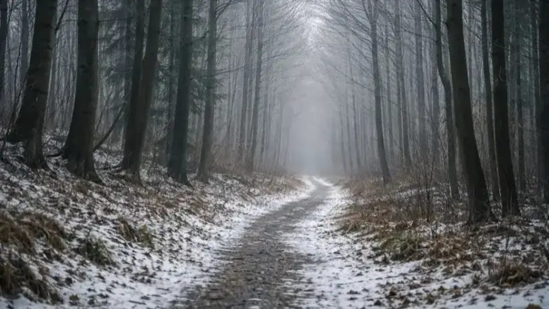 Winterliches Waldstück in der Steiermark mit kahlen Bäumen und schmalem Weg, aufgenommen bei diffusem Tageslicht