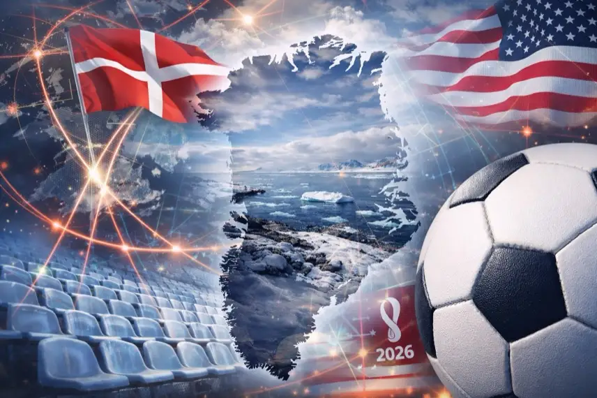 Grafische Kollage mit der Silhouette Grönlands, arktischer Küste, Fußballstadion, Fußball sowie abstrahierten Linien und Flaggenelementen.